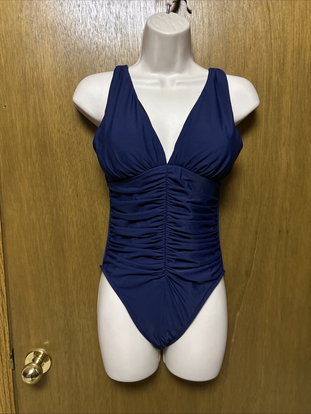 MIRACLESUIT sz 12 Swim Suit One Piece RUCHED Slimming Deep-V Neck Navy Blue G26